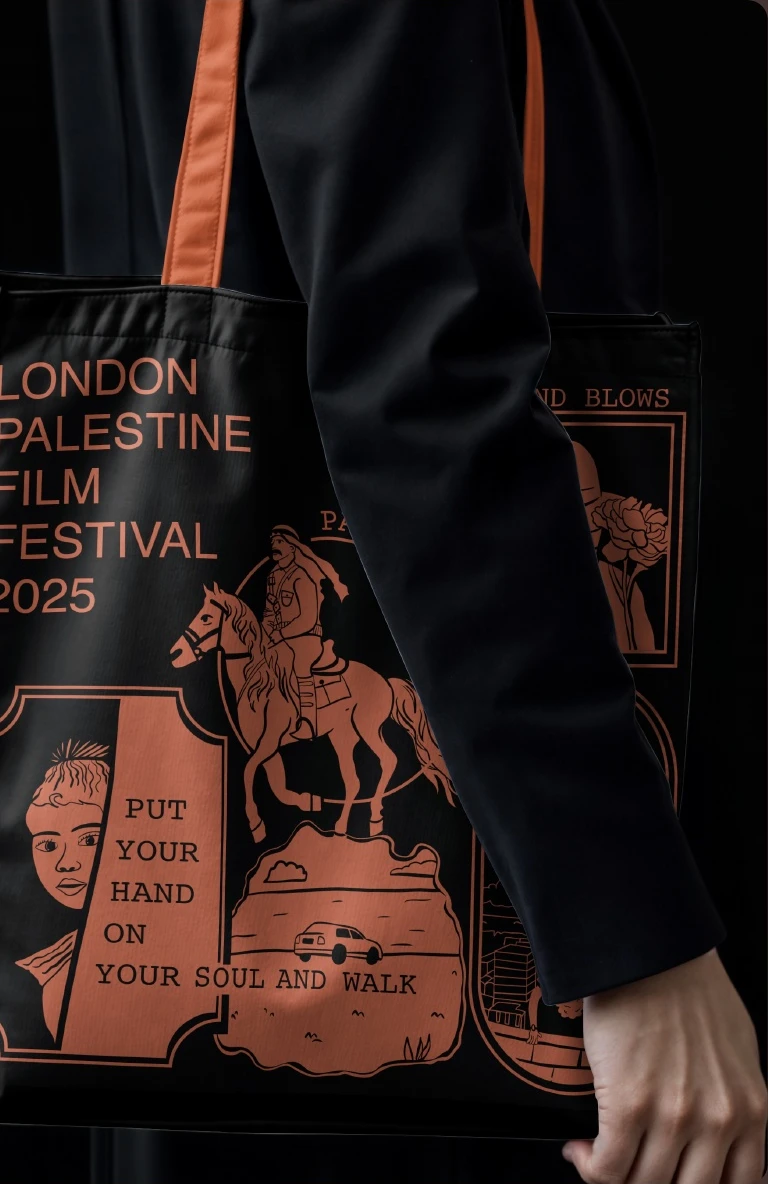 Black festival tote bag with coral artwork