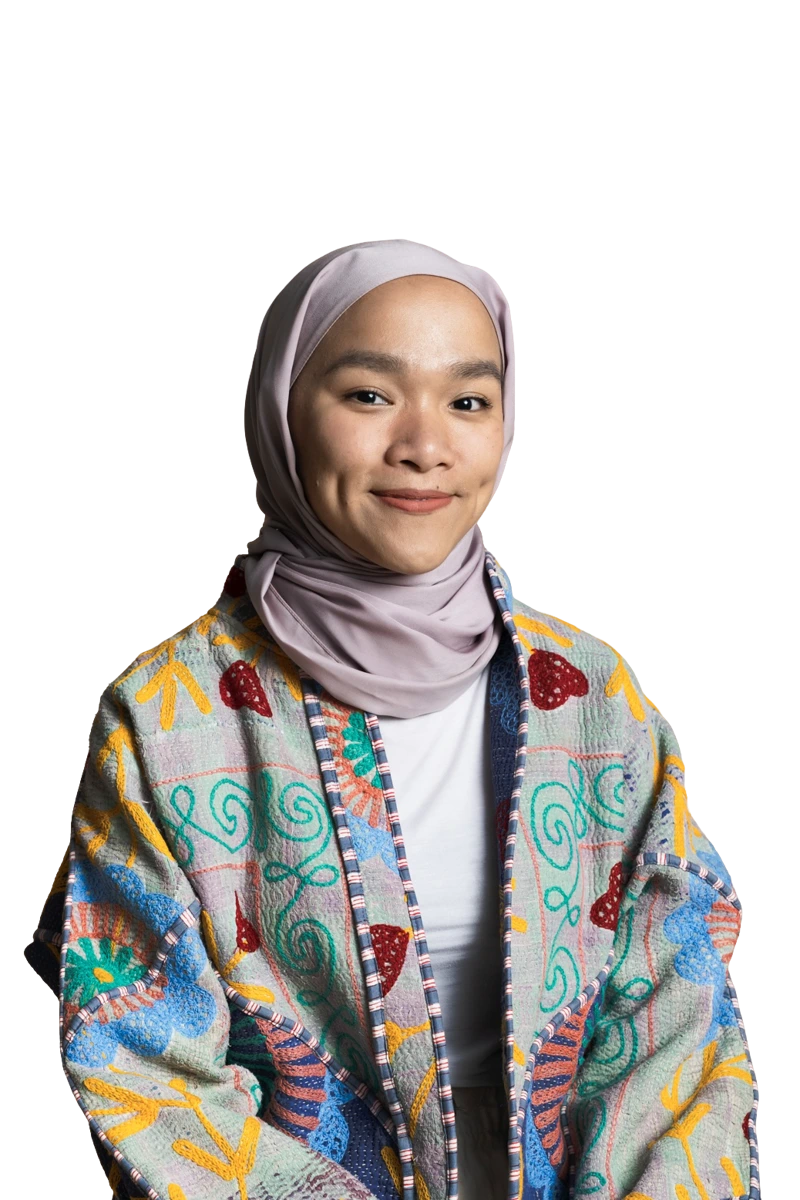 Brand designer Sharifah Nadira in a colourful illustrated jacket